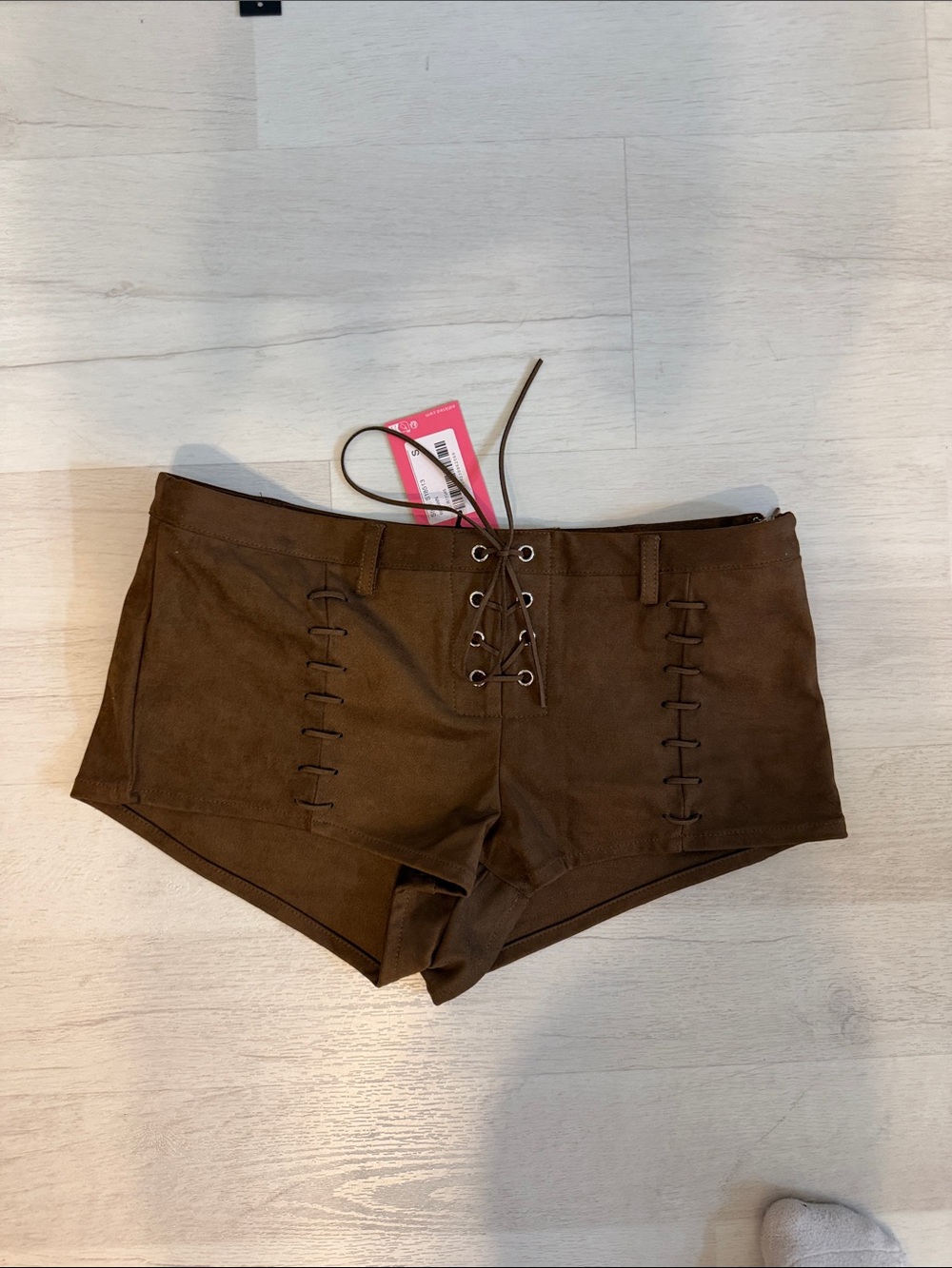 Edikted Brown Lace-Up Suede-Look Bike Shorts